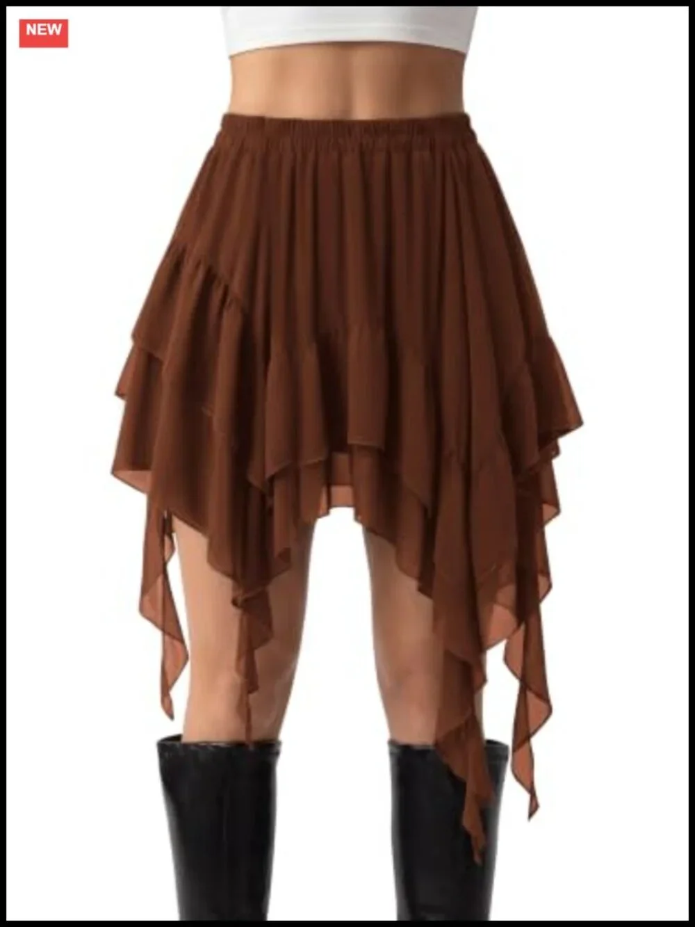 Women's Tiered Ruffle Skort with Built-in Shorts, Elastic Waist, Asymmetrical